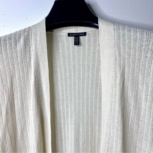 Eileen Fisher Soft White Organic Linen Textured Stretch Long Cardigan L Relaxed - Picture 4 of 9